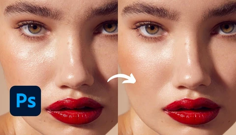 Before and after comparison of skin retouching in Photoshop, showing reduced under-eye texture and refined skin tone.