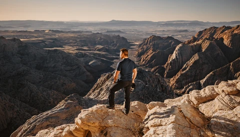 Hiker standing on rocky outcrop overlooking expansive canyon landscape with layered mountains.