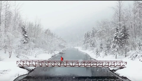 Person in red jacket standing on wooden bridge over partially frozen river surrounded by snow-covered forest.