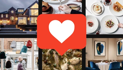 Collage of six lifestyle photographs arranged around a red heart icon with white center.