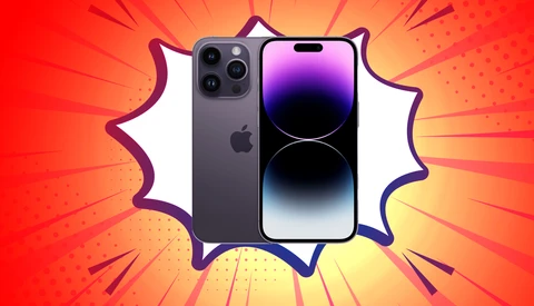Graphic illustration of a space gray smartphone displaying a gradient wallpaper, shown front and back views against a radial burst background.