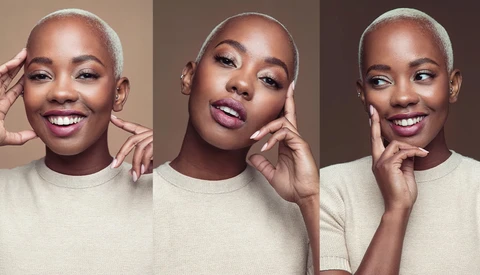 Three portrait variations of a woman with shaved head wearing beige shirt against neutral background.