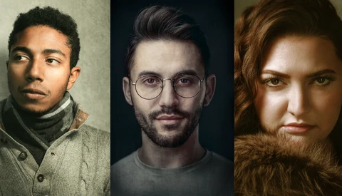 Three portrait headshots displaying varied lighting, poses, and post-processing techniques.