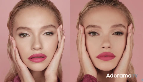 Side-by-side portrait comparison showing subtle differences in facial features and makeup application against pink background.