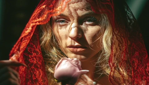 Woman wearing a red lace veil holding a pink rose, with dramatic side lighting and a dark background.