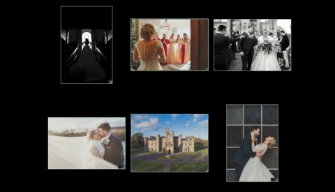 Grid of six wedding photography examples displaying diverse styles and venues.