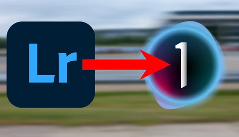 Graphic showing Adobe Lightroom logo with arrow pointing to Apple Intelligence icon.