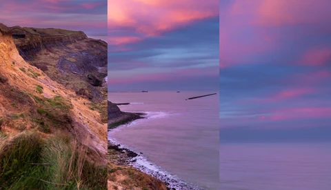Coastal cliffs at sunset with purple and pink sky reflecting on calm water.
