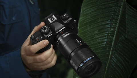 Photographer holding a DSLR camera with telephoto lens in low-light conditions near green foliage.