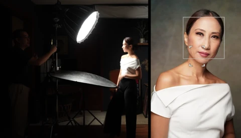 Professional portrait lighting setup with oval reflector and subject in white off-shoulder top.