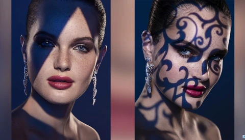 Side-by-side beauty portraits showing dramatic geometric face paint transformation.