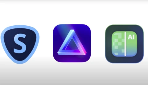 Screenshot showing three app icons: Scrobbler with blue shield design, Affinity Photo with purple triangle gradient, and an AI application with green interface elements.