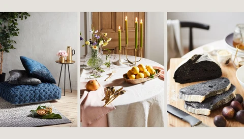 Three styled interior and tableware scenes featuring blue textiles, gold accents, and natural elements.