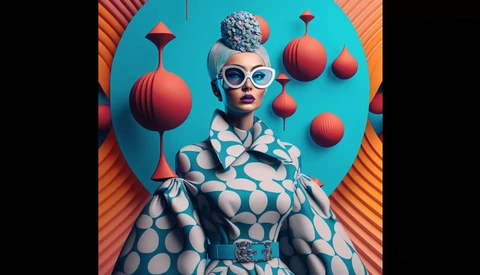 Illustration of a figure in patterned clothing and oversized sunglasses surrounded by floating red geometric spheres against a turquoise background.