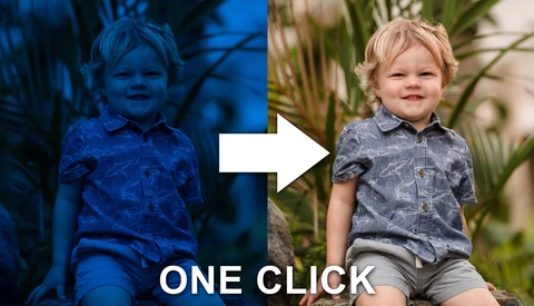 Before and after comparison showing color correction applied to a portrait of a young child.