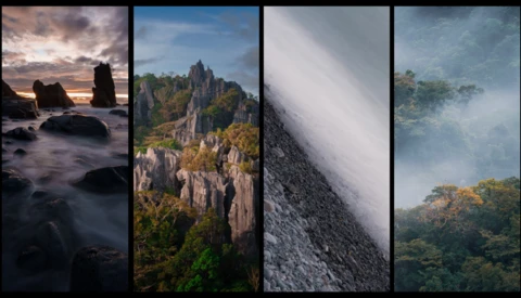 Four vertical landscape photographs showcasing rocky coastlines, dramatic cliff formations, misty mountains, and lush forest canopies.