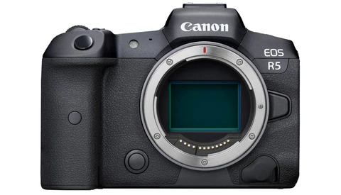 Canon EOS R5 mirrorless camera body front view showing sensor and mount.