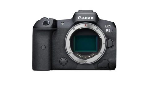 Canon EOS R5 mirrorless camera body shown from front with lens mount exposed.