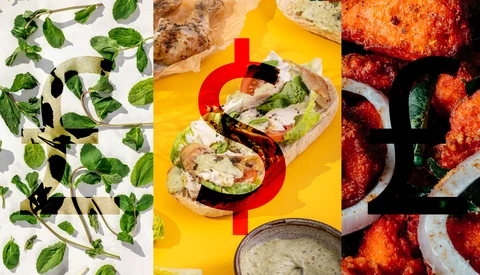 Food styling flat lay with fresh mint, stuffed eggplant halves on yellow background, and fried meatballs with herbs.