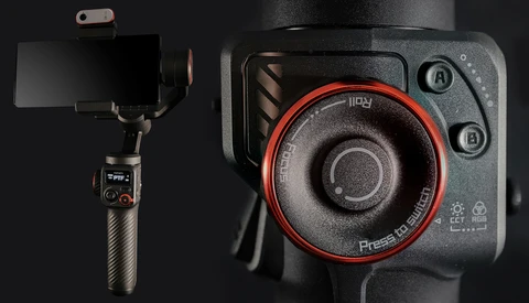 Professional video camera gimbal stabilizer with smartphone mount and compact cinema camera with red accent ring.
