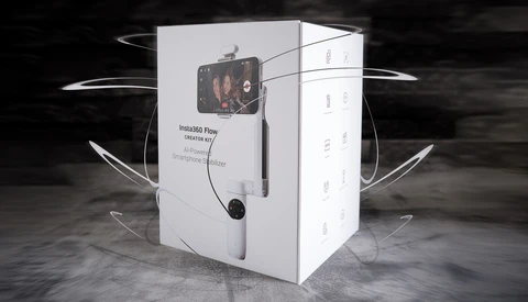 White product packaging box for a smartphone stabilizer with device display and cable coiled around it.