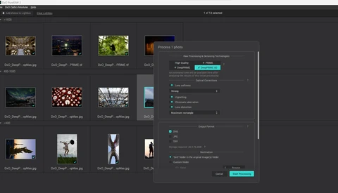 Screenshot of a photo editing software interface showing a batch processing dialog box with various filter and effect options.