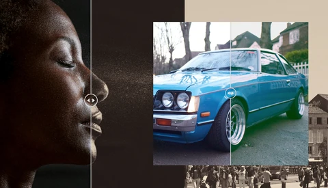 Composite image showing portrait lighting, classic car photography, and street scene with vertical alignment guides.