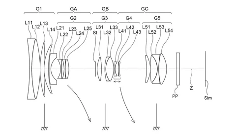 Optical lens diagram showing cross-sections of multi-element camera lens design with labeled components.