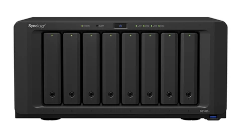 Synology DiskStation NAS with eight drive bays arranged in a horizontal row across the front panel.