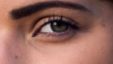 Close-up of a human eye with warm-toned iris and defined makeup application.