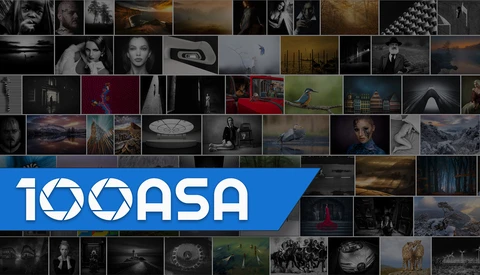 Logo for 100ASA, a photography and visual arts community, displayed over a grid of diverse film stills and photographs.