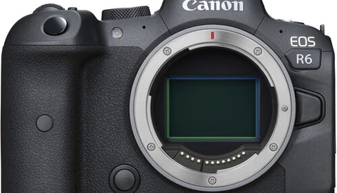 Canon EOS R6 mirrorless camera body front view showing sensor and Canon branding.