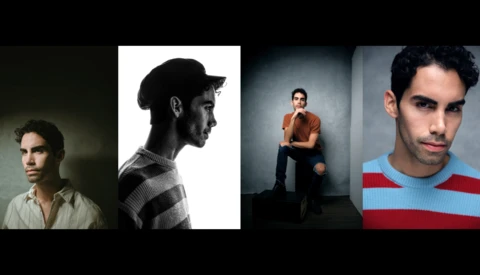 Four male portrait photographs demonstrating different lighting, styling, and compositional techniques.