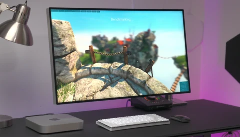 Desktop setup displaying a video game with a parrot character on a rocky cliff environment.