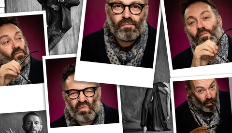 Composite of portrait photographs showing a bearded man in various poses against purple and gray backgrounds.
