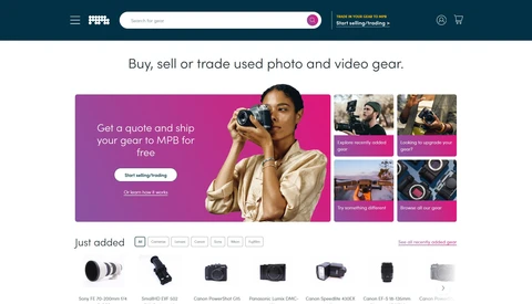 Screenshot of MPB's marketplace homepage featuring used camera gear for sale and trade.