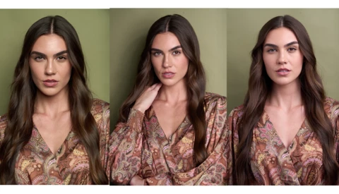 Three portrait variations of a woman with long dark hair wearing a patterned rust-colored top against a neutral green background.