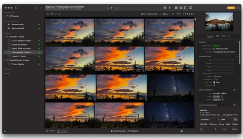 Screenshot of Lightroom's grid view showing multiple sunset photographs with vibrant orange and pink skies.