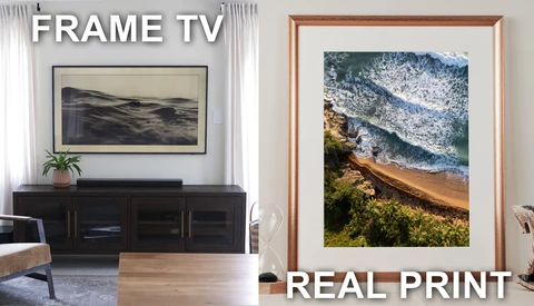 Comparison of Frame TV displaying landscape photograph versus framed real print on wall.
