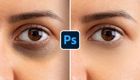 Before-and-after comparison showing dark under-eye circles reduced through digital retouching in Photoshop.