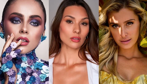 Three portrait headshots demonstrating diverse makeup and styling techniques for beauty photography.