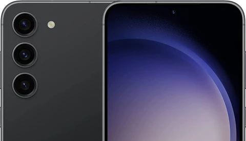 Smartphone with triple rear camera system and curved display with blue-purple gradient wallpaper.