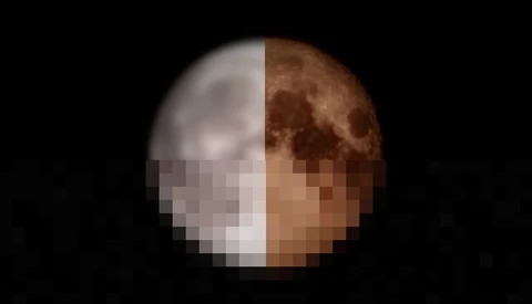 Split-screen comparison of celestial body showing low and high resolution detail side by side.