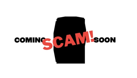 Graphic illustration with black barrel shape and red text reading "COMING SCAM SOON" with the word "SCAM" emphasized.