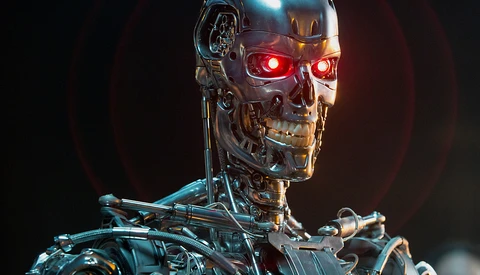 Close-up of a metallic humanoid robot head with glowing red eyes against a dark background.