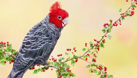 Red-crested black cockatoo perched on flowering branch with berries.