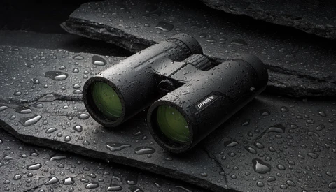 Black binoculars with yellow-green objective lenses on wet, dark textured surface with water droplets.