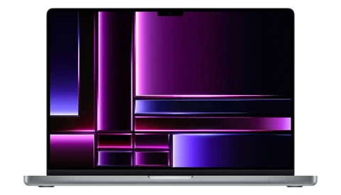 Screenshot of a laptop display with neon purple and blue gradient rectangles arranged in a geometric layout.