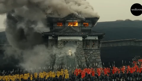 Digital illustration of an Asian pagoda tower engulfed in flames with masses of armored soldiers in the foreground.