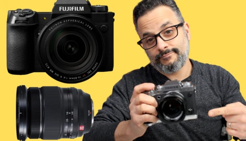Fujifilm mirrorless camera with interchangeable lens displayed on yellow background alongside portrait of photographer holding camera.